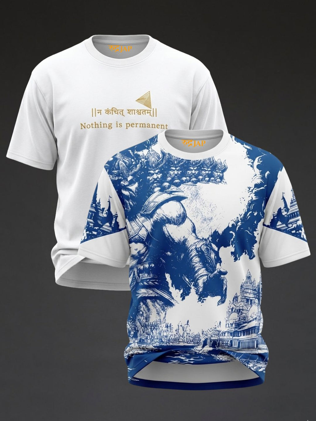 Oversized Rudrajap Pure Dharma Combo with white embroidery and Maryada design, pack of 2 stylish T-shirts displayed in the image.