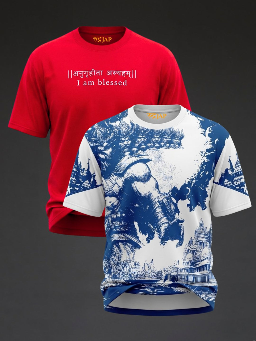 Oversized Rudrajap Blessed Dharma combo T-shirts with red embroidery and Maryada designs, pack of 2, casual and stylish.