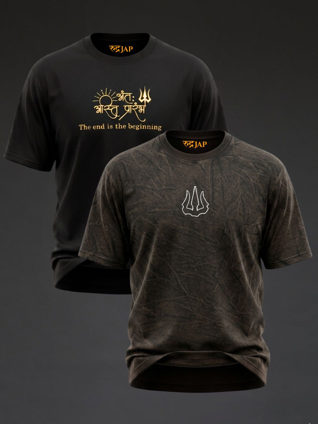 Oversized Rudrajap Rudra combo T-shirts with black embroidery, pack of 2, featuring bold design and comfortable fit.