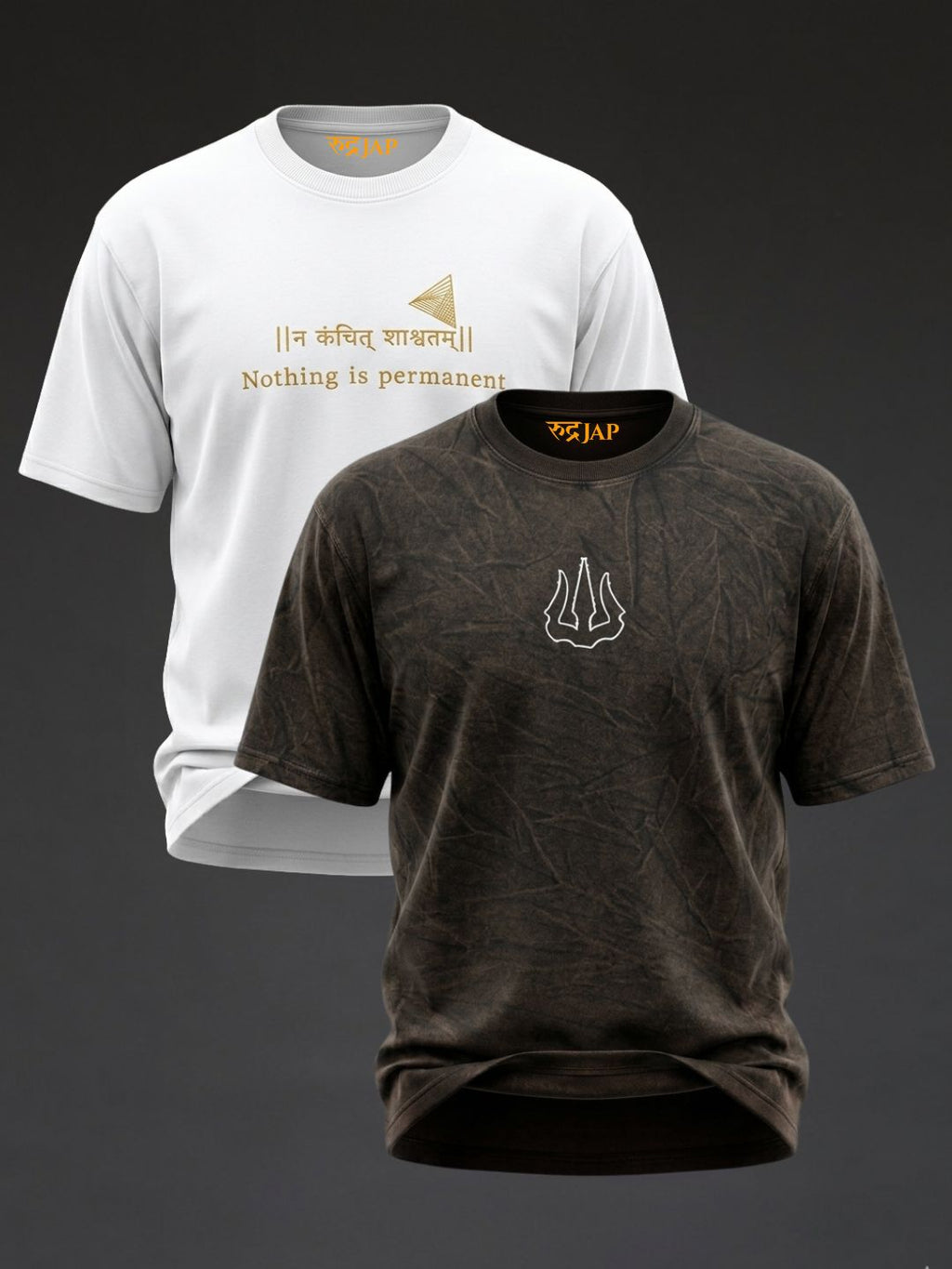 Oversized Rudrajap Pure Rudra combo T-shirt set with white embroidery and Rudra design, pack of 2, casual and stylish men's tees