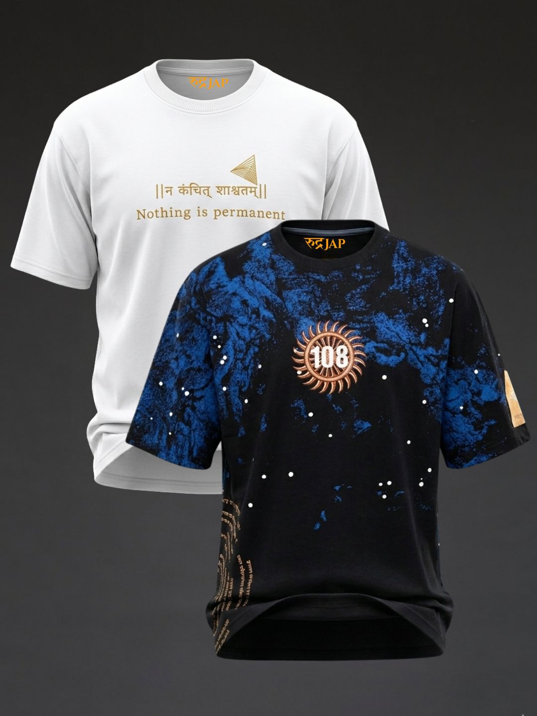 Oversized Rudrajap Pure Cosmos Combo T-shirt set with white embroidery and Vishwaroop design, pack of two, casual and stylish.