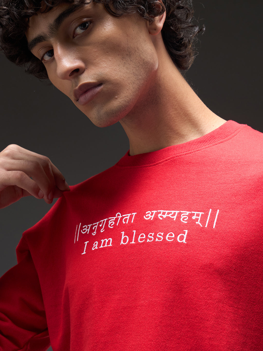 Red recycled oversized tee shirt from Rudrajap with premium embroidered "I Am Blessed" design, casual and eco-friendly fashion.