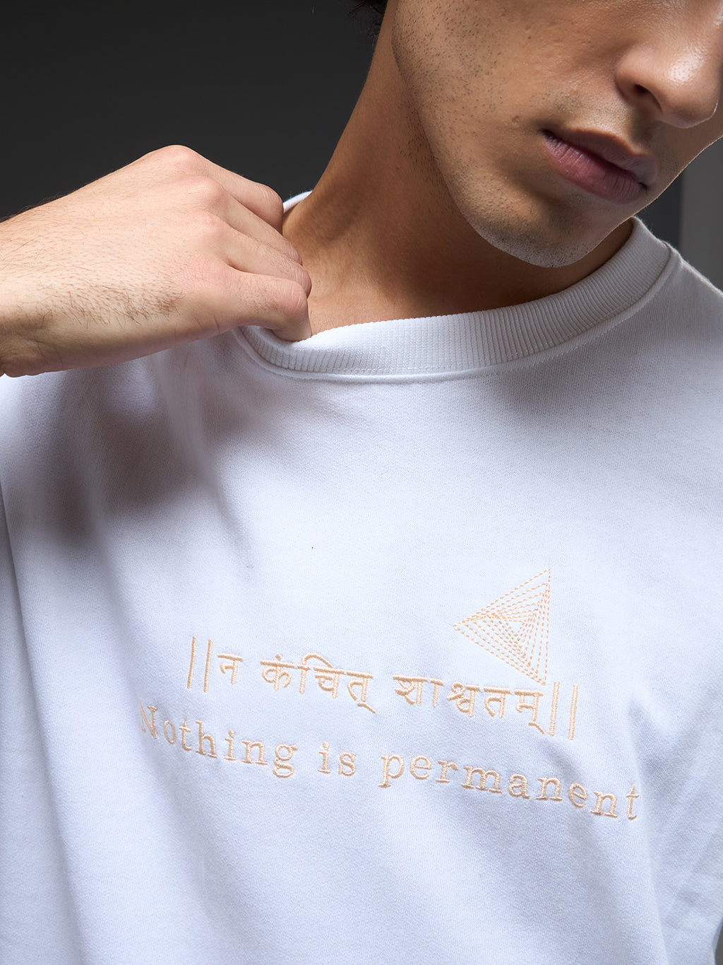 Rudrajap white and beige recycled oversized T-shirt with relaxed fit and eco-friendly fabric, casual style for everyday wear.