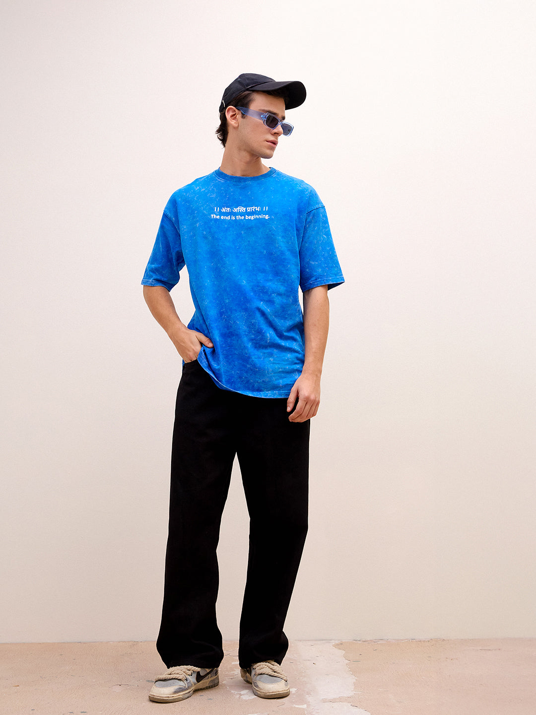 Royal Blue Acid Wash Oversized T-Shirt - "।। अंतः अस्ति प्रारंभः ।।"  Sanskrit quotes - Rudrajap