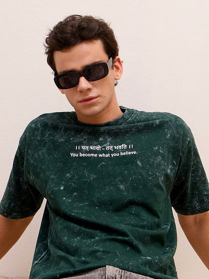 Moss Green Acid Wash Oversized T-Shirt - "।। यत् भावो – तत् भवति ।।"  Sanskrit quotes - Rudrajap