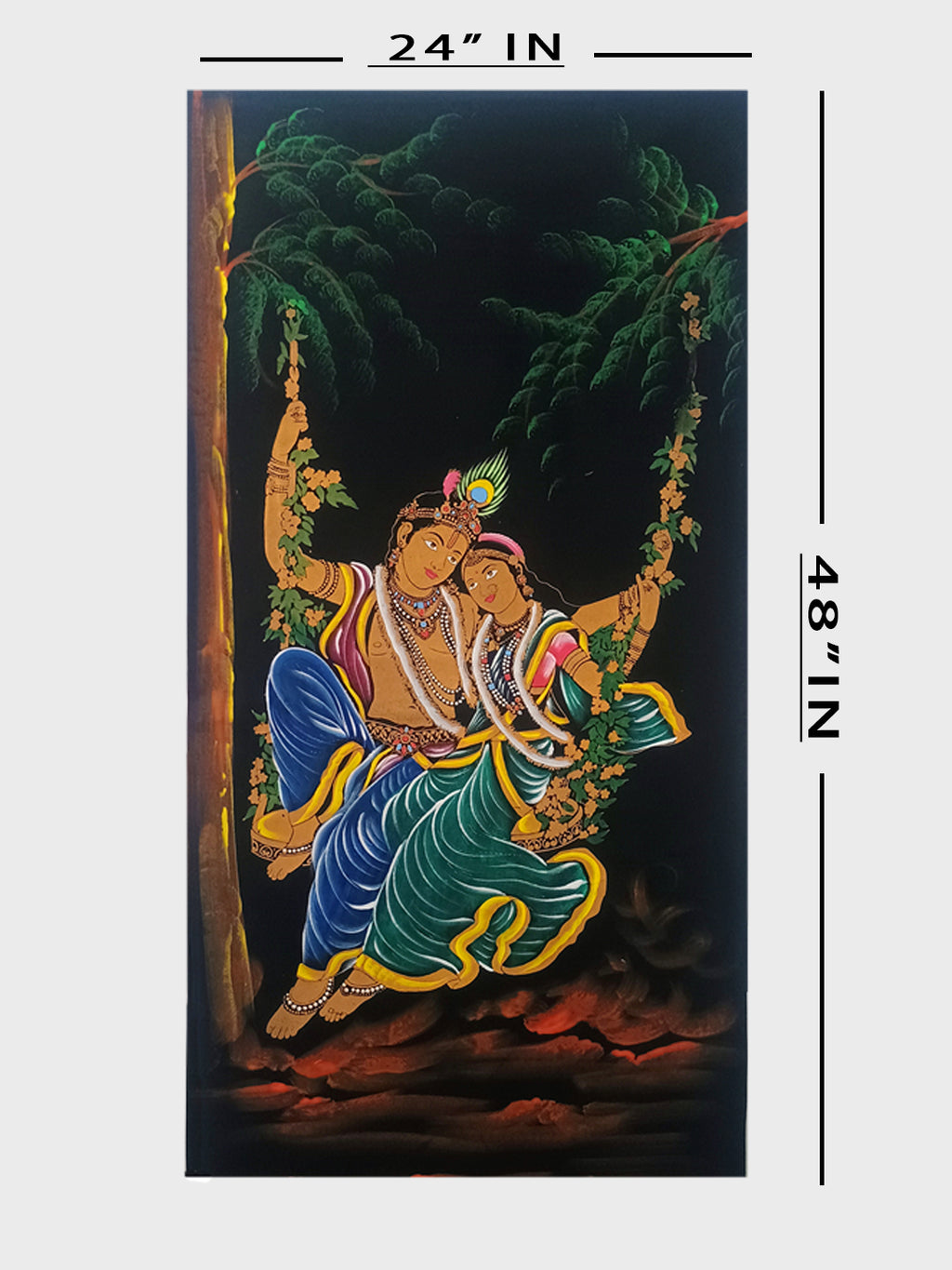 Hand-Painted Velvet Wall Art – Radha Krishna on Jhula (Without Frame) - Rudrajap