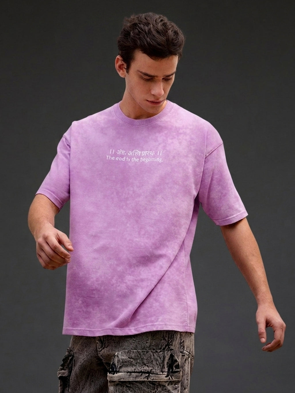 Lavender acid wash oversized T-shirt with Sanskrit quote "Antah Asti Prarambhah" by Rudrajap, casual and stylish fit.