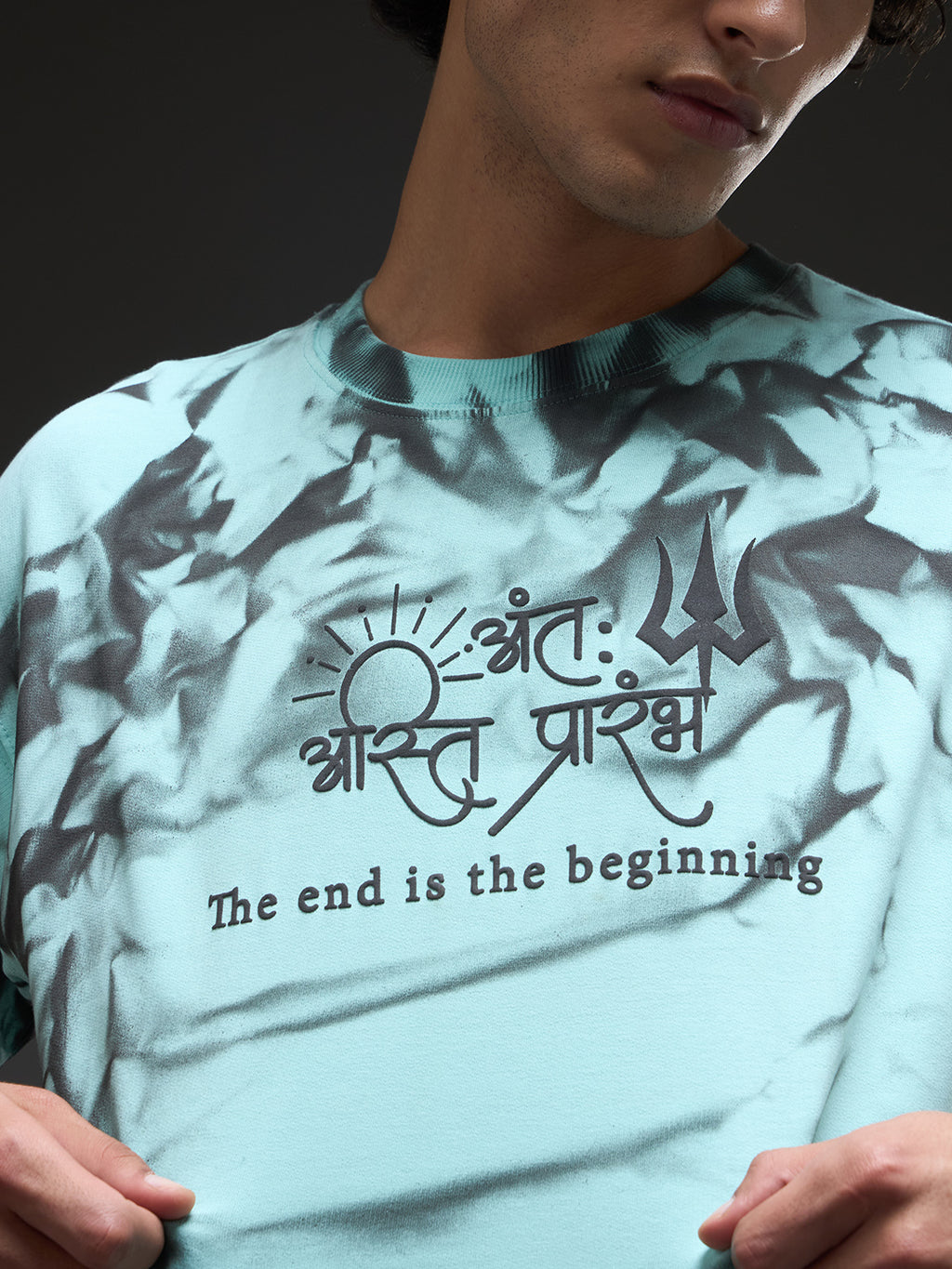 Mint green oversized tee with spray and puff print from Rudrajap, featuring a relaxed fit and casual streetwear style.