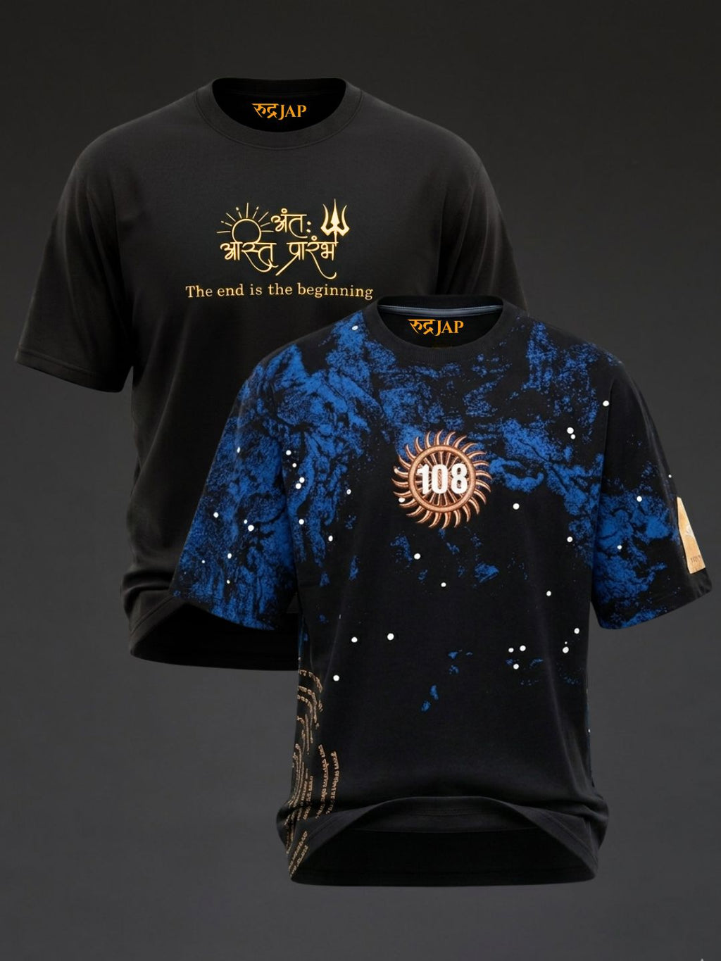 Oversized Rudrajap combo of two black embroidery and Vishwaroop T-shirts featuring cosmic designs and bold graphics.