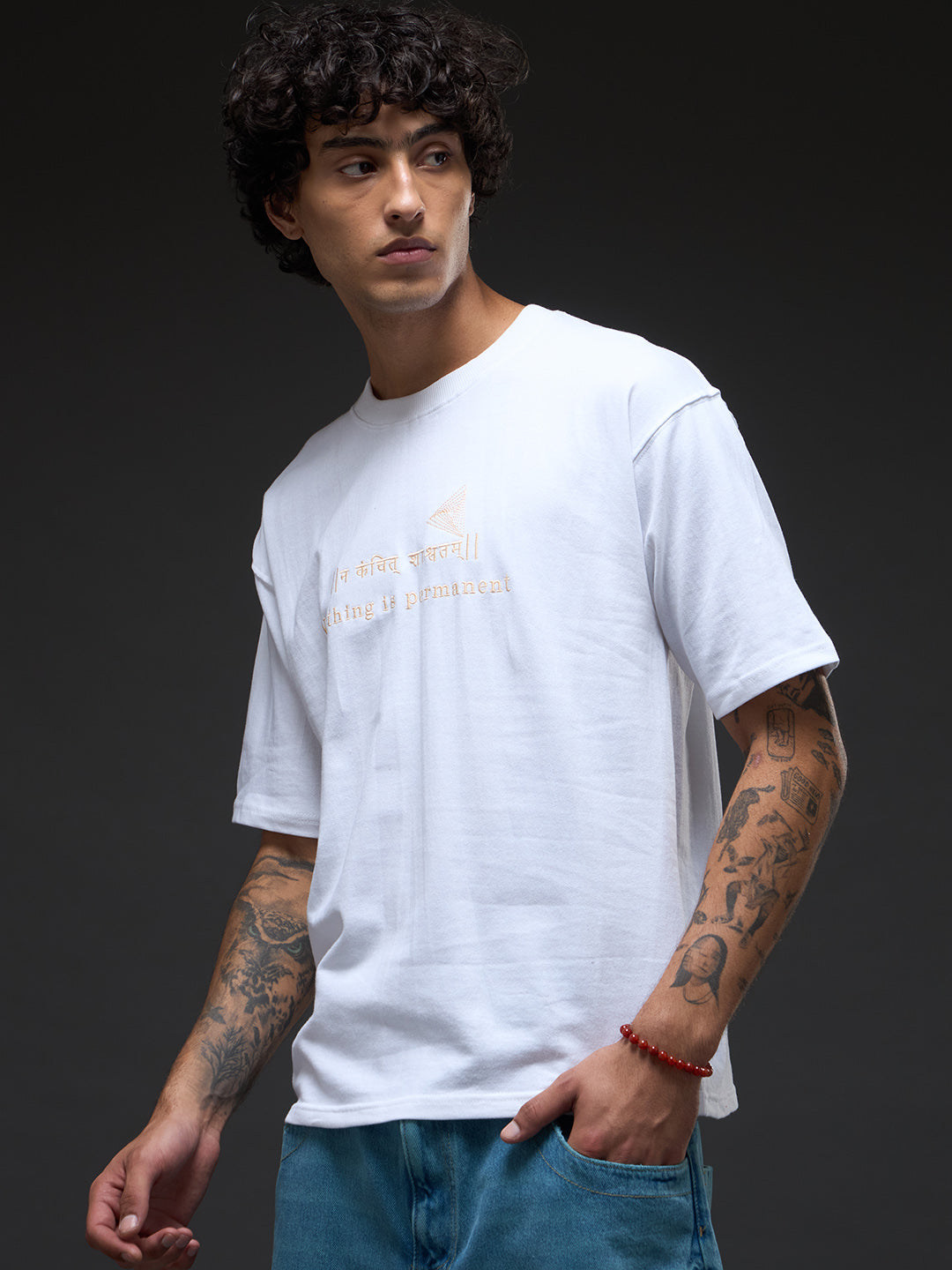 Rudrajap white and beige recycled oversized T-shirt featuring a relaxed fit and casual style, made from eco-friendly materials.