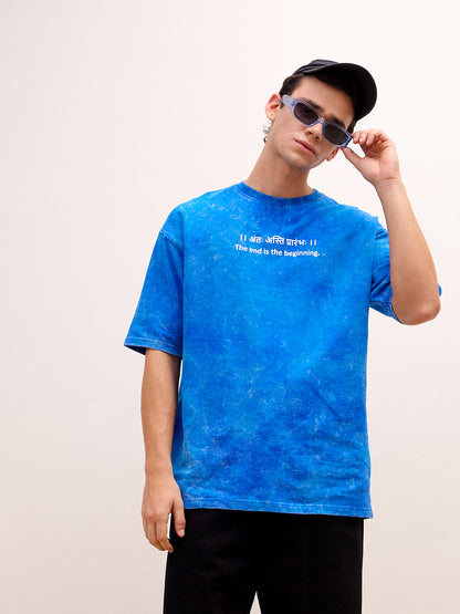 Royal Blue Acid Wash Oversized T-Shirt - "।। अंतः अस्ति प्रारंभः ।।"  Sanskrit quotes - Rudrajap