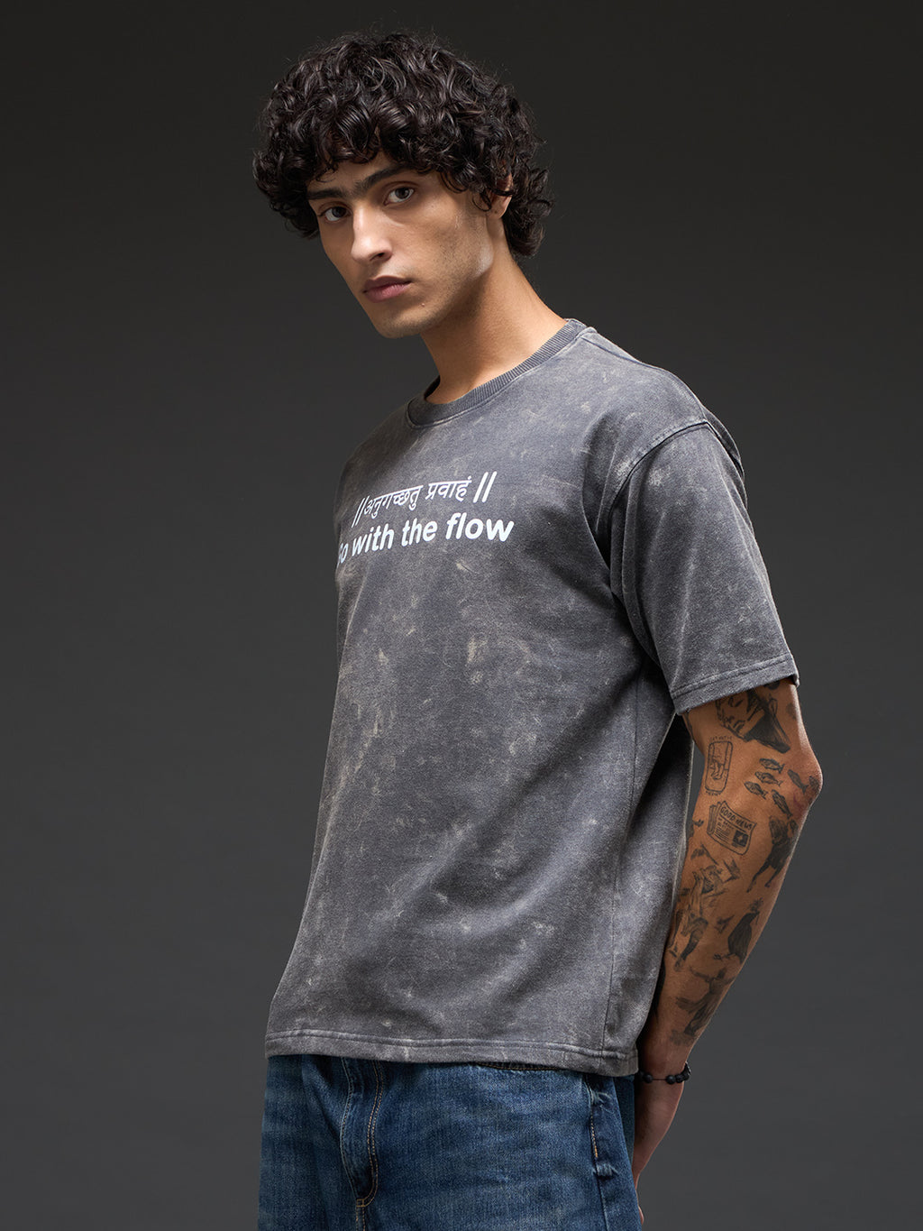 Rudrajap grey burnout oversized T-shirt with "Go With The Flow" printed design, casual relaxed fit, front view.