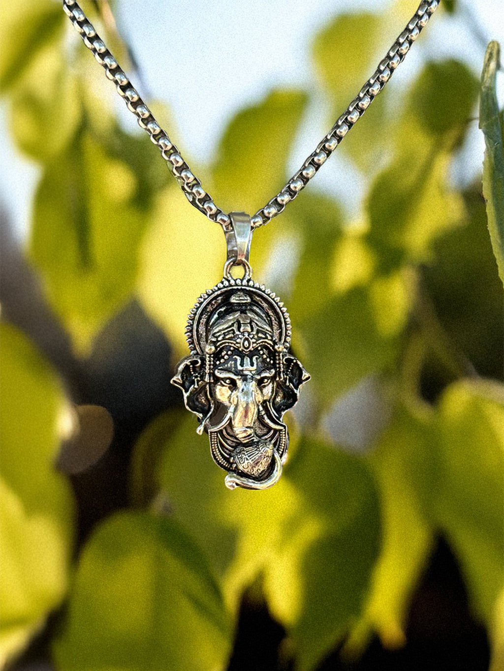 Lord Ganesha Pendant with Chain – Antique Silver Finish - Rudrajap