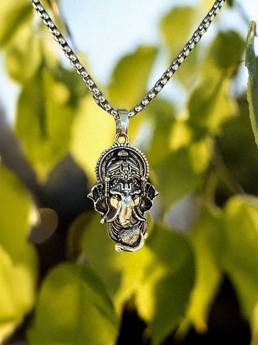 Lord Ganesha Pendant with Chain – Antique Silver Finish - Rudrajap