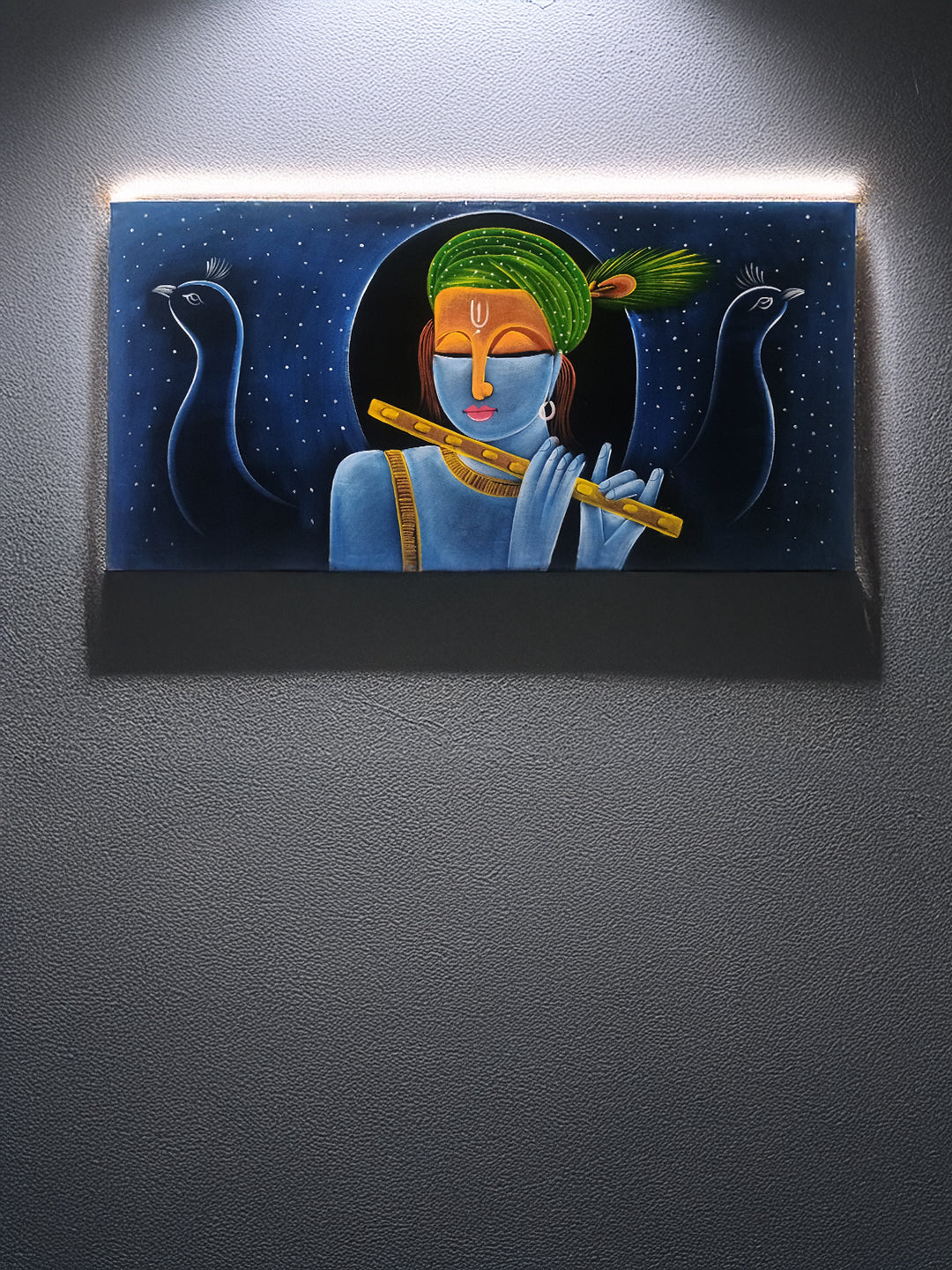 Hand-Painted Velvet Wall Art – Krishna with Flute and Peacock (Without Frame) - Rudrajap