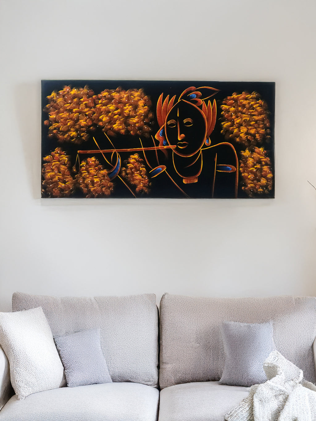 Hand-Painted Velvet Wall Art – Krishna with Flute (Without Frame) - Rudrajap