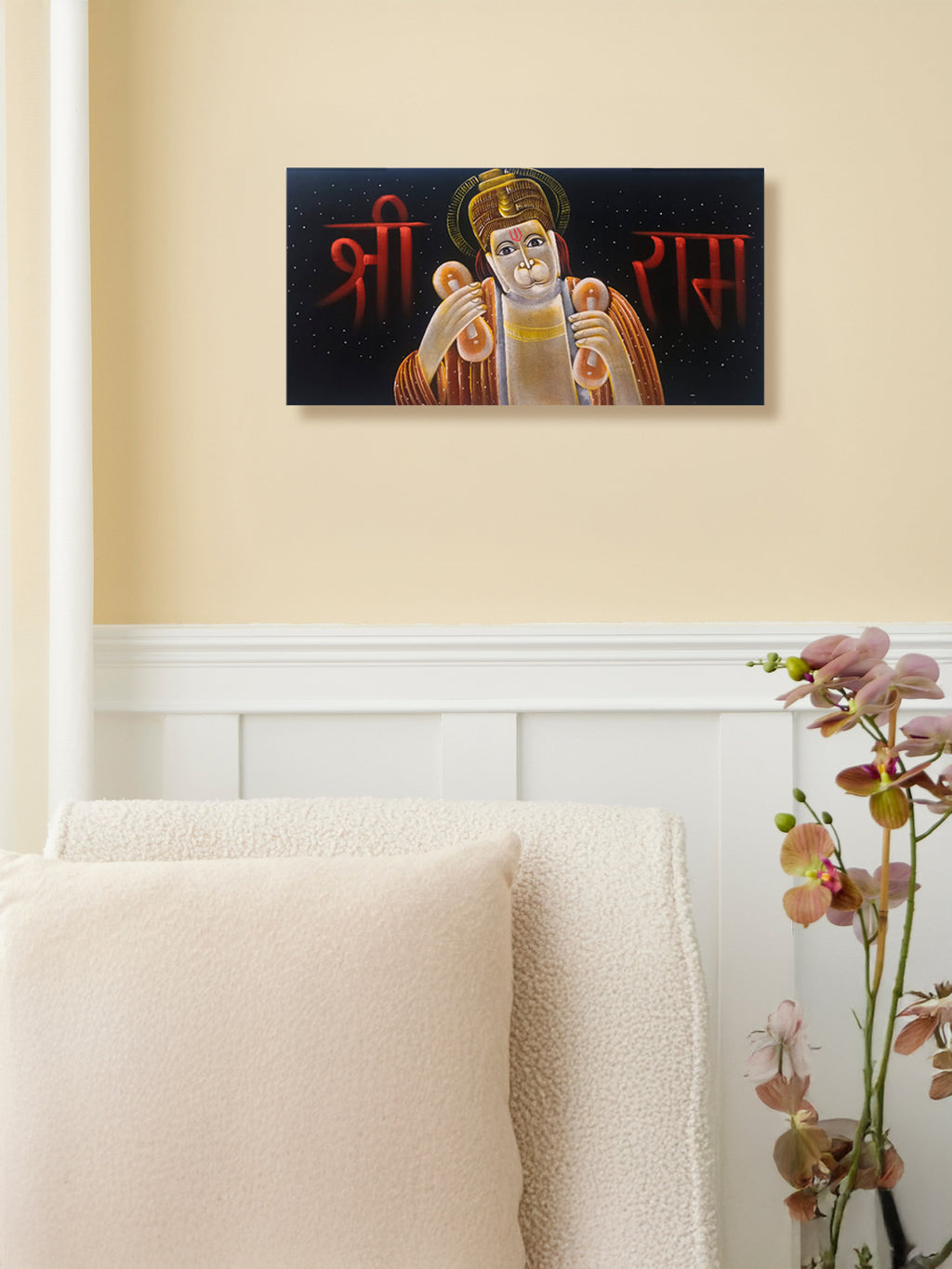 Hand-Painted Velvet Wall Art – Hanuman Ji Chanting Shree Ram (Without Frame) - Rudrajap