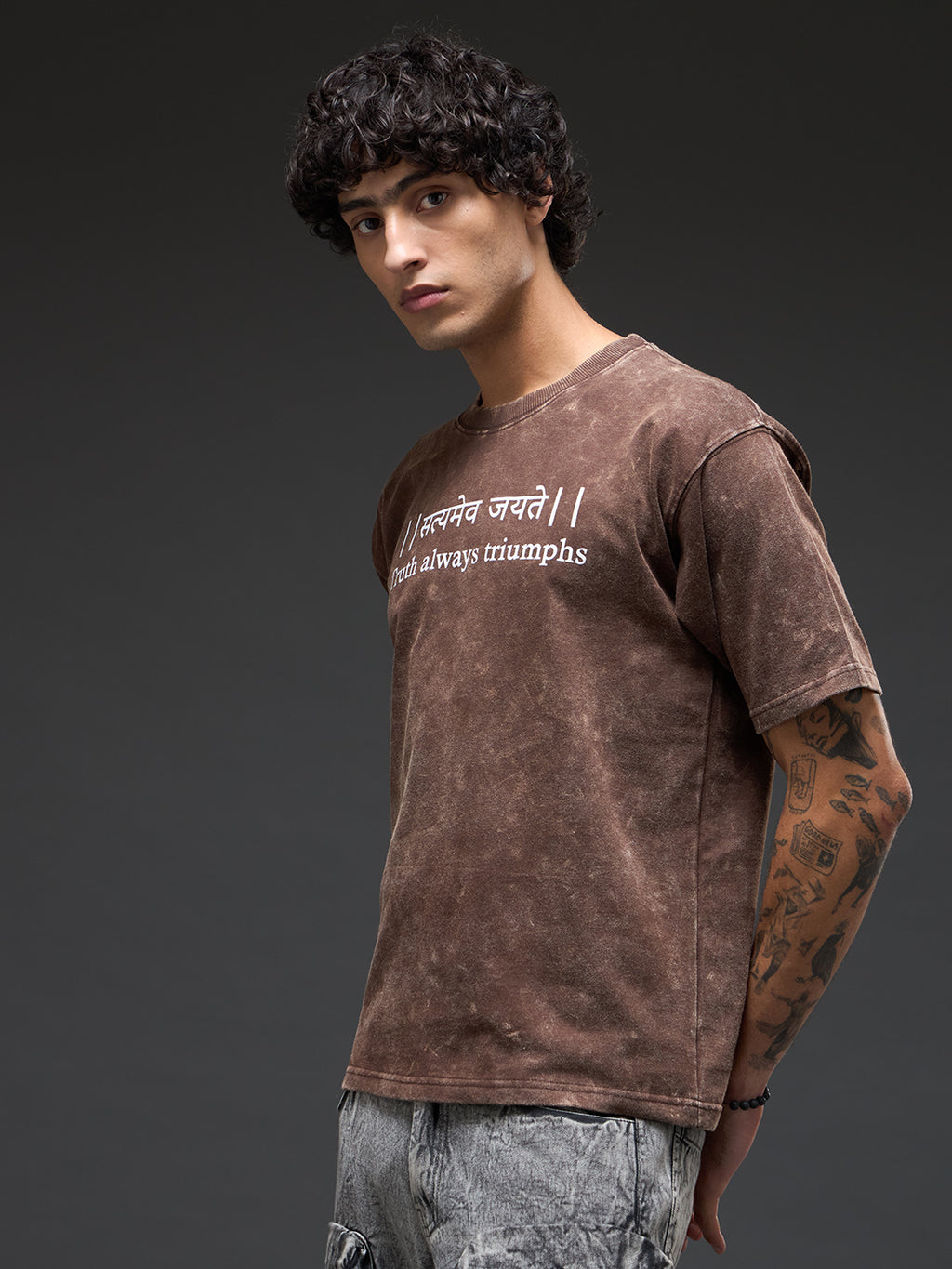 Brown burnout oversized T-shirt by Rudrajap with Satyameva Jayate print, relaxed fit and casual style.