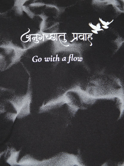 Black Spray Print Oversized T-Shirt – "अनुगच्छतु प्रवाहं" | Go with the Flow