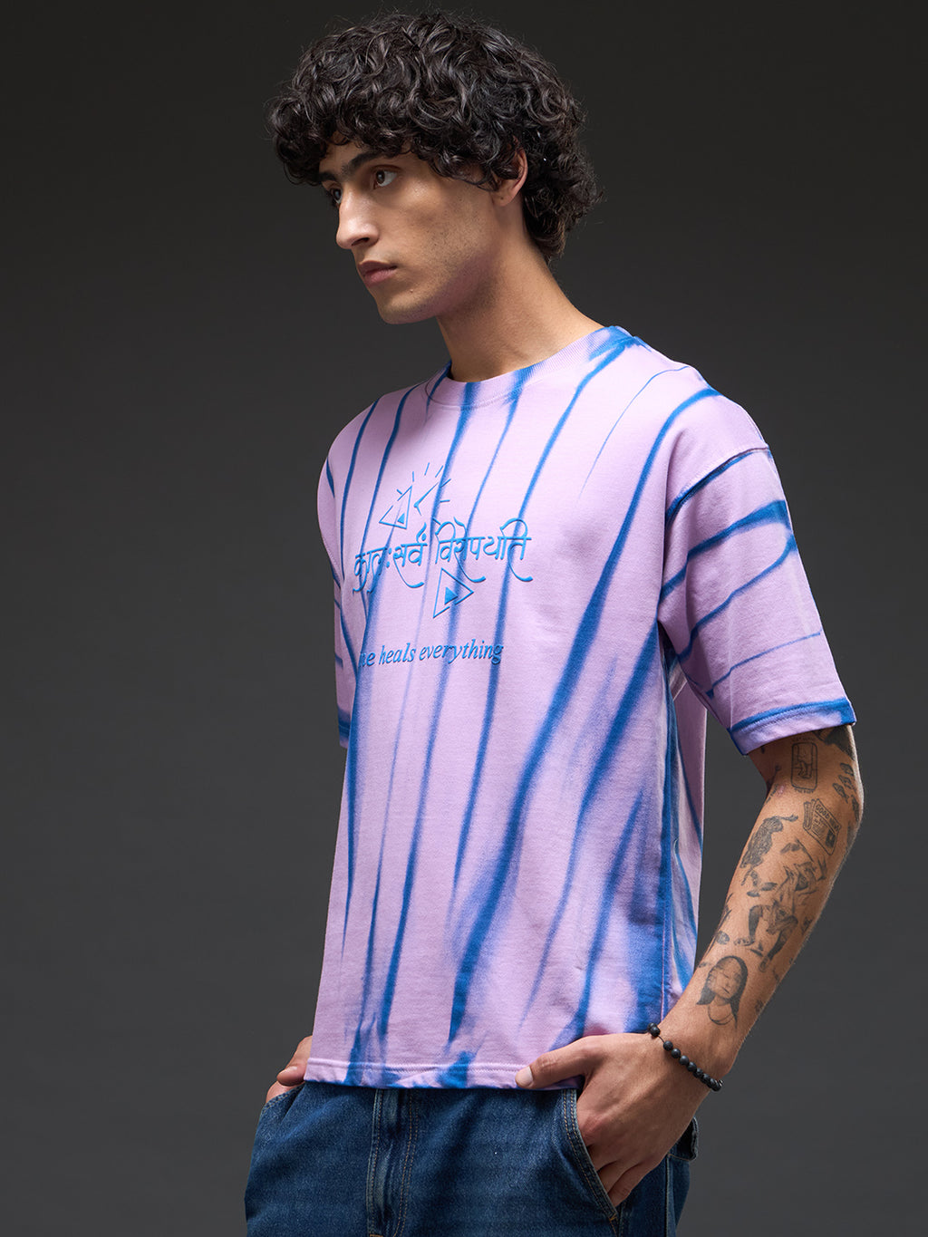 Lavender Spray & Puff Print Oversized Tee by Rudrajap featuring lavender-colored fabric with puff print design and relaxed fit.