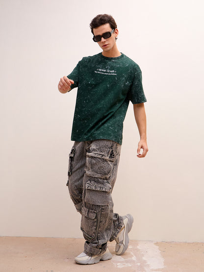 Moss Green Acid Wash Oversized T-Shirt - "।। यत् भावो – तत् भवति ।।"  Sanskrit quotes - Rudrajap
