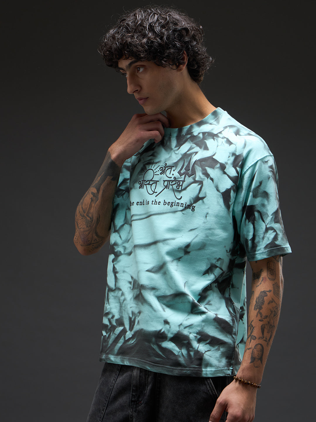 Mint green oversized tee with spray and puff print design from Rudrajap's The End is the Beginning collection, casual fit and style.