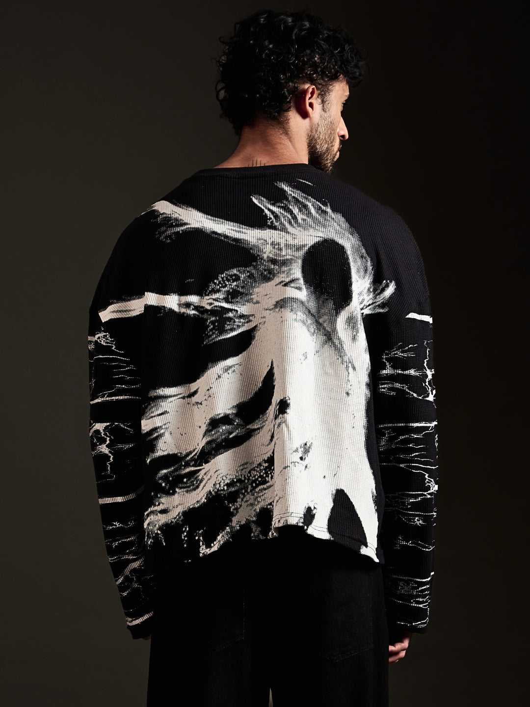 Back of Janam Mrityu tee with ink-wash soul search artwork