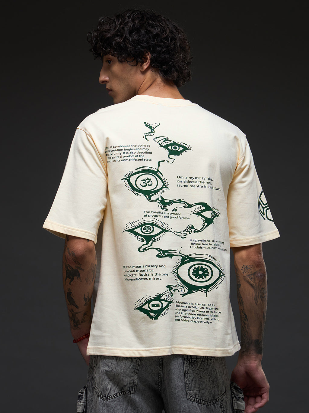 Rudrajap Tatva oversized T-shirt in soft fabric, featuring a relaxed fit and modern design, displayed on a plain background.