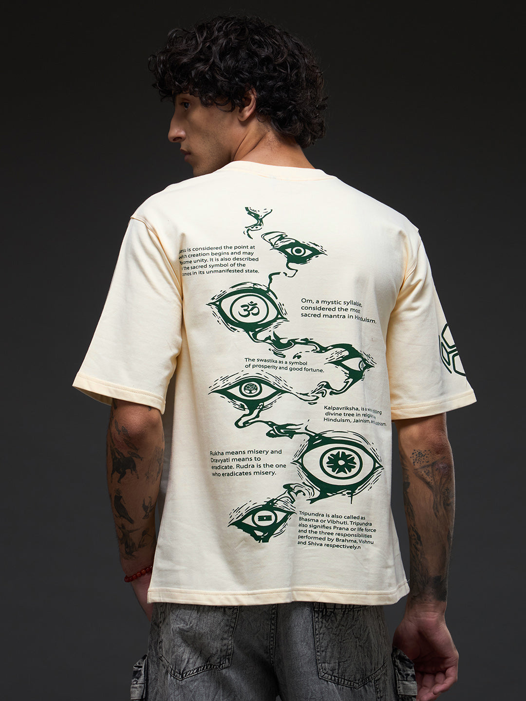 Rudrajap Tatva oversized T-shirt in soft fabric, featuring a relaxed fit and modern design, displayed on a plain background.