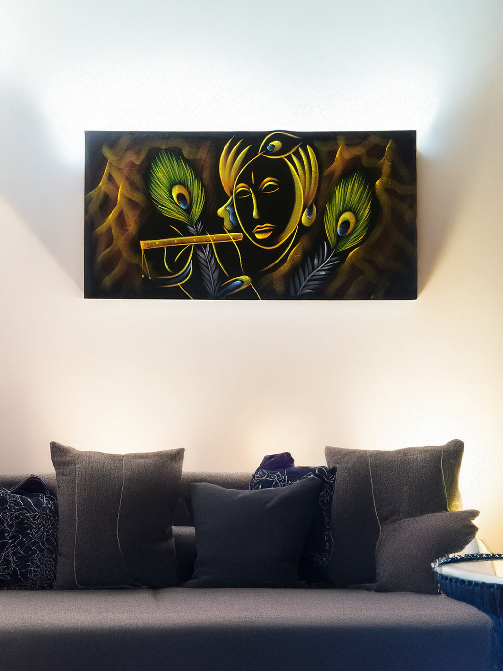 Hand-Painted Velvet Wall Art – Krishna with Flute - Rudrajap