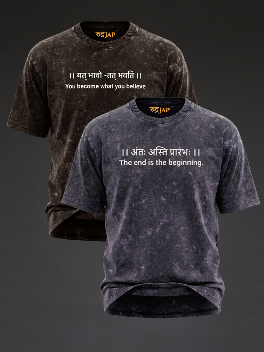 Oversized Rudrajap Conscious Rebirth Duo T-shirts in black and royal blue, burnout fabric, pack of two.