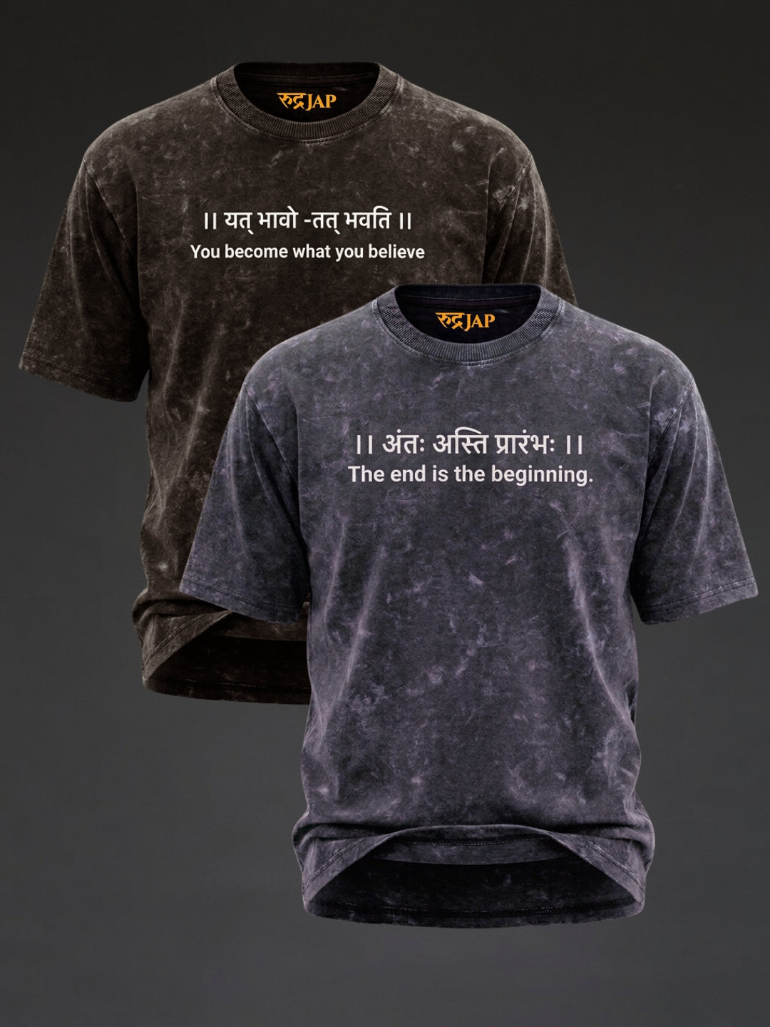 Oversized Rudrajap Conscious Rebirth Duo T-shirts in black and royal blue, burnout fabric, pack of two.