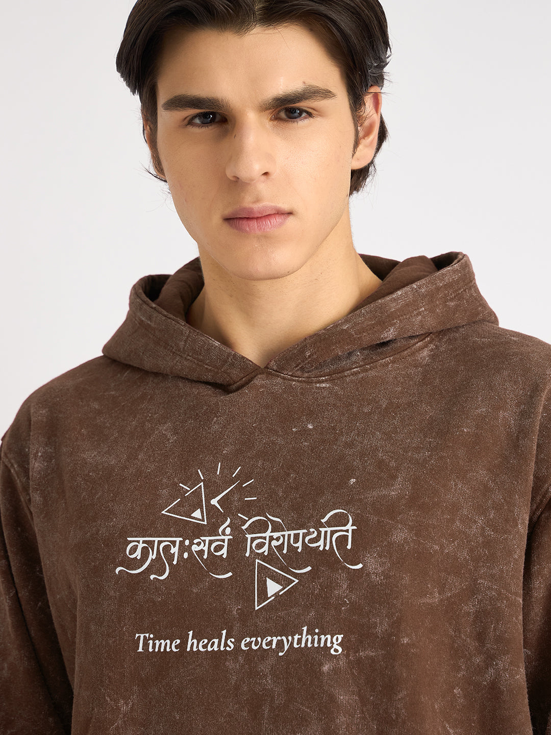The Healer’s Harmony – Brown Hoodie & Brick Red T-Shirt Combo (कालः सर्वं विरोपयति | ईश्वरः अस्ति मम शक्तिः) - Rudrajap
