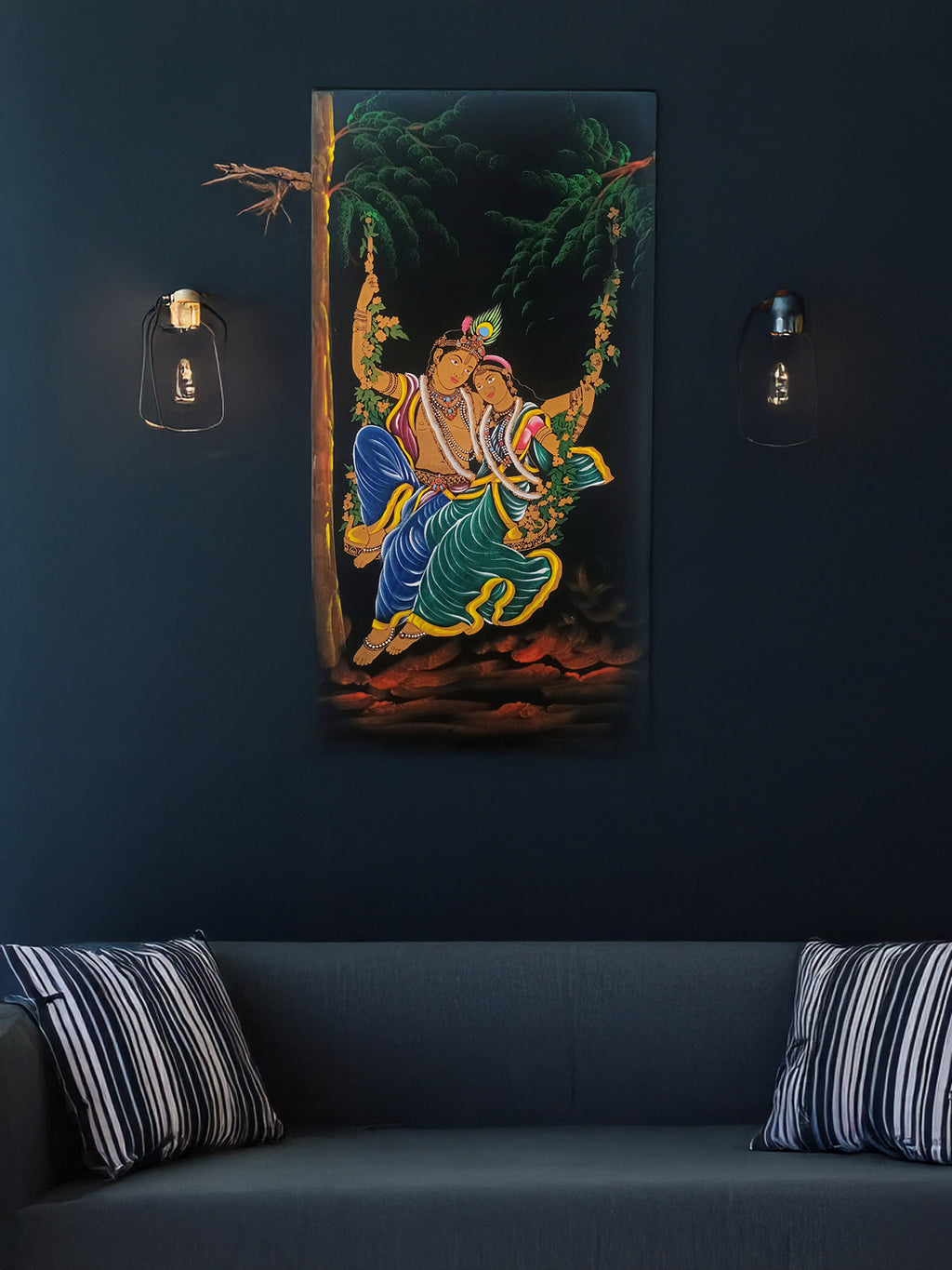 Hand-Painted Velvet Wall Art – Radha Krishna on Jhula (Without Frame) - Rudrajap
