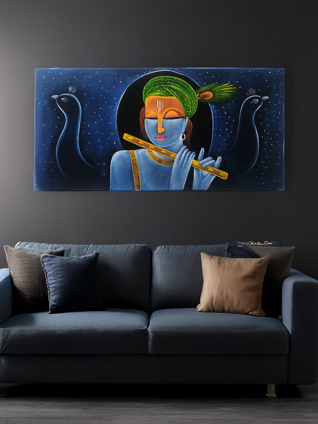 Hand-Painted Velvet Wall Art – Krishna with Flute and Peacock (Without Frame) - Rudrajap