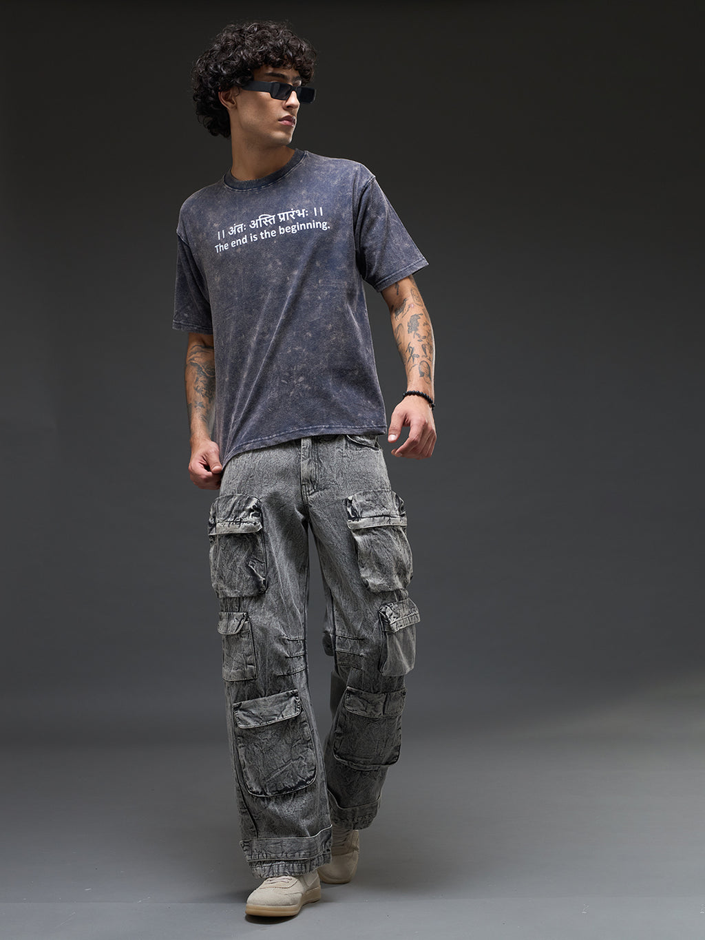 Set of three oversized Rudrajap Awakening Trinity T-shirts in royal blue, moss green, and brown, laid flat for display.