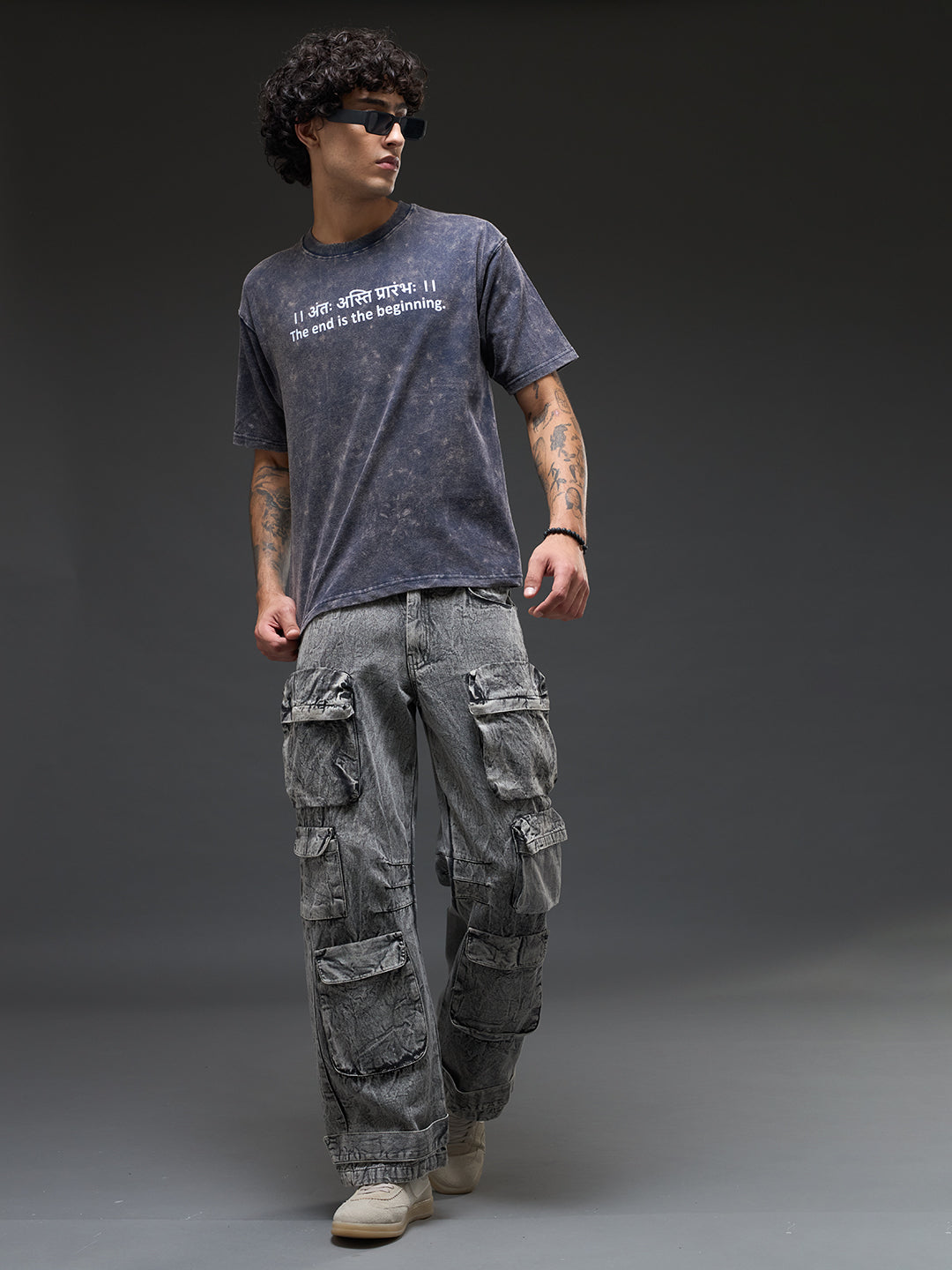 Set of three oversized Rudrajap Awakening Trinity T-shirts in royal blue, moss green, and brown, laid flat for display.