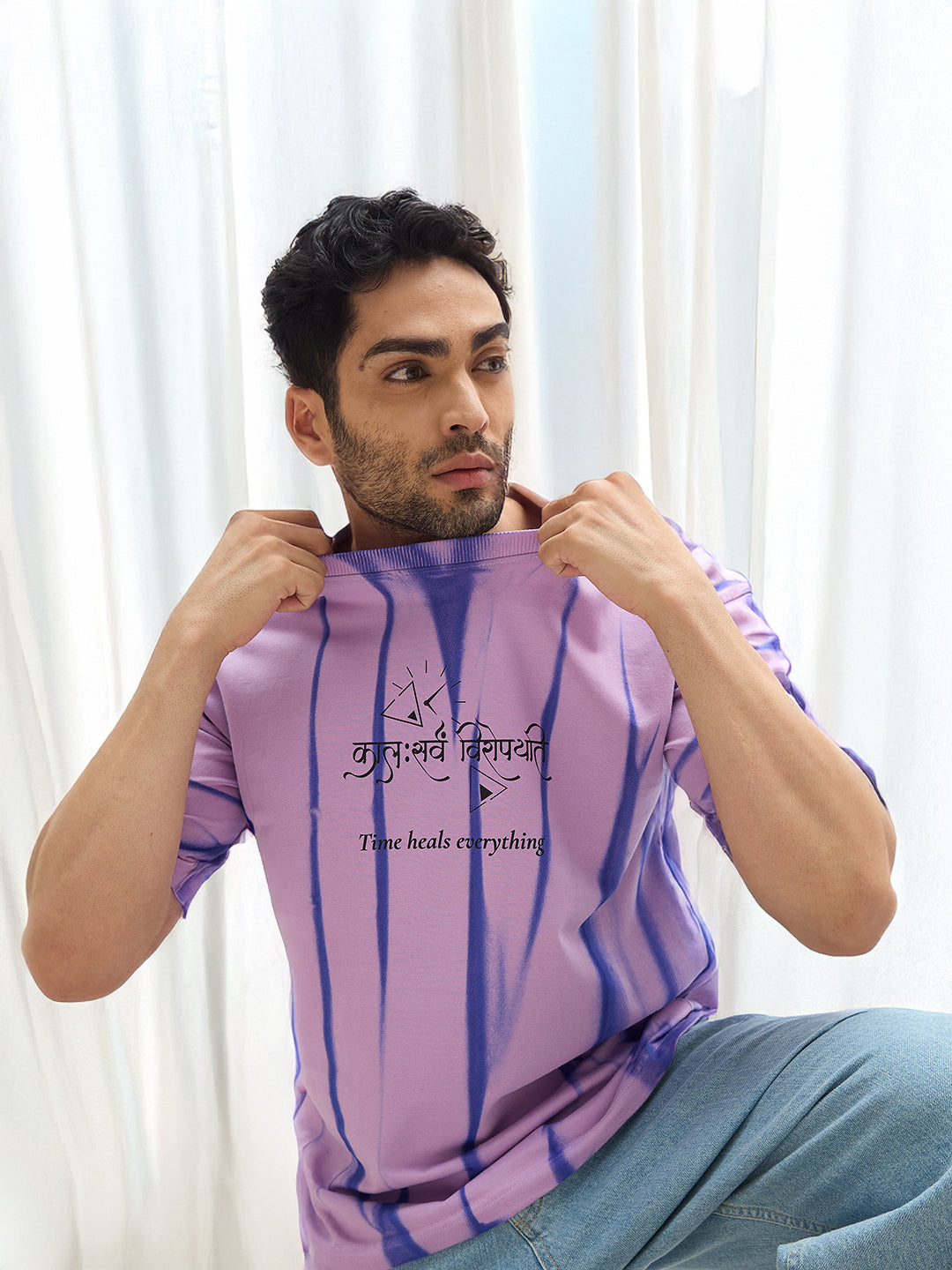 Lavender Spray Print T-Shirt – "कालः सर्वं विरोपयति" (Time Heals Everything)