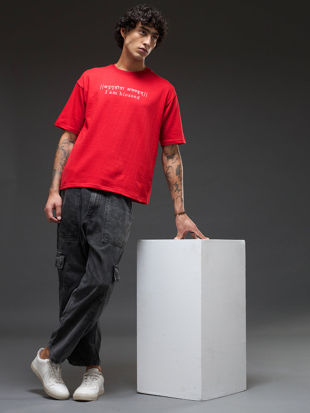 Red recycled oversized T-shirt by Rudrajap with premium embroidered "I Am Blessed" design, casual fit and eco-friendly material.