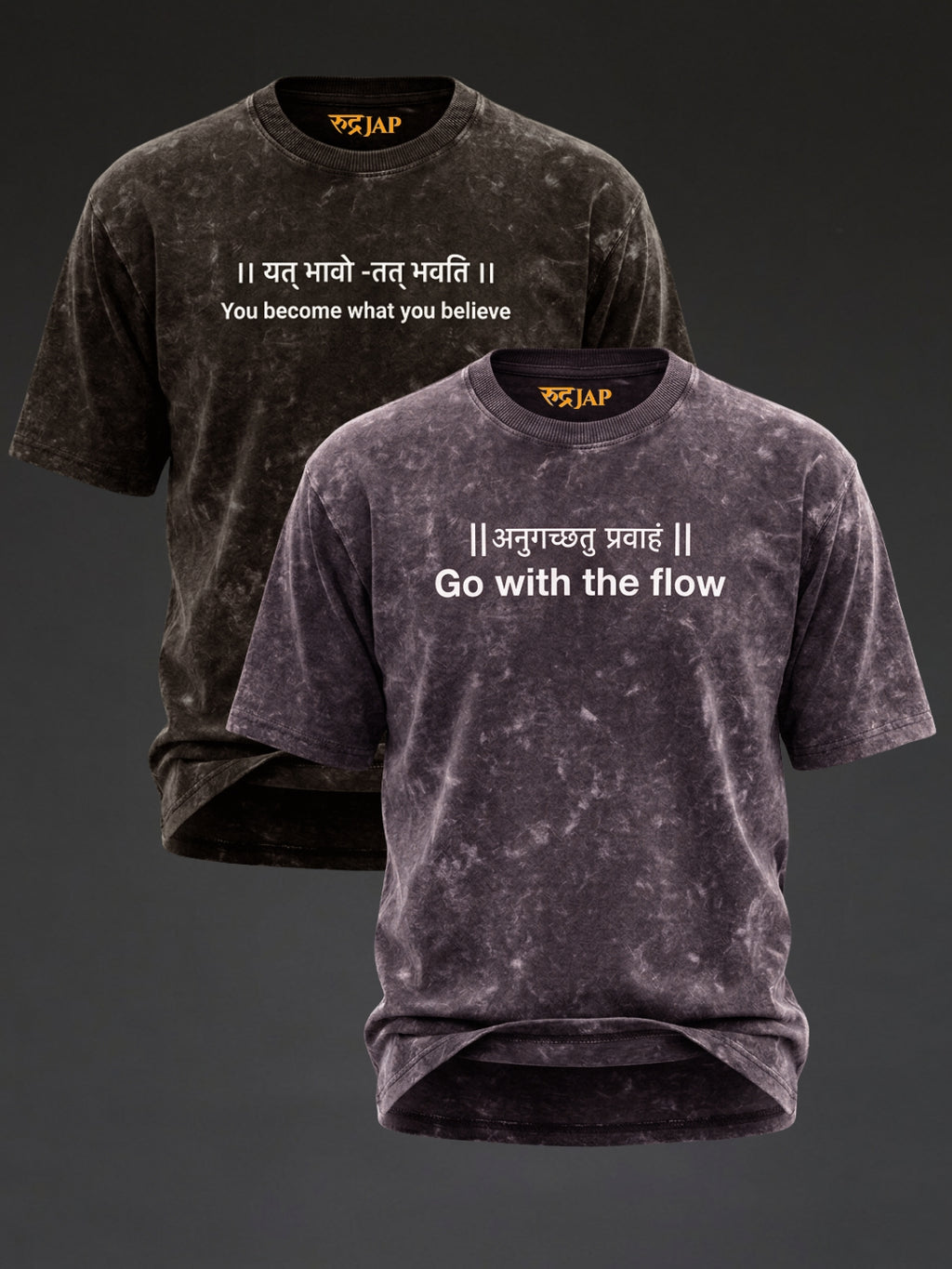 Rudrajap Mind & Flow Duo oversized T-shirt pack with black and grey burnout fabric, laid flat showing the relaxed fit and soft texture.