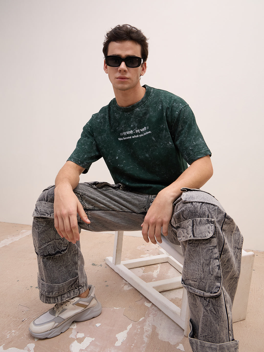 Moss Green Acid Wash Oversized T-Shirt - "।। यत् भावो – तत् भवति ।।"  Sanskrit quotes - Rudrajap