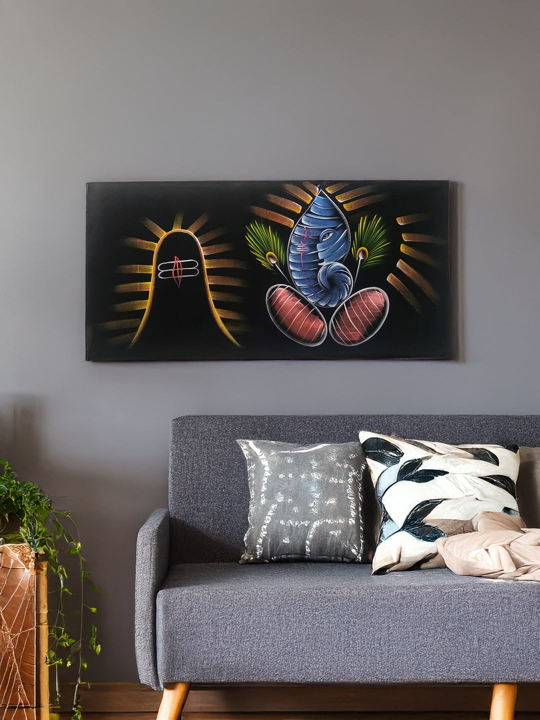 Hand-Painted Velvet Wall Art – Lord Ganesha & Shivalinga (Without frame)