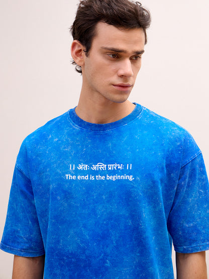 Royal Blue Acid Wash Oversized T-Shirt - "।। अंतः अस्ति प्रारंभः ।।"  Sanskrit quotes - Rudrajap
