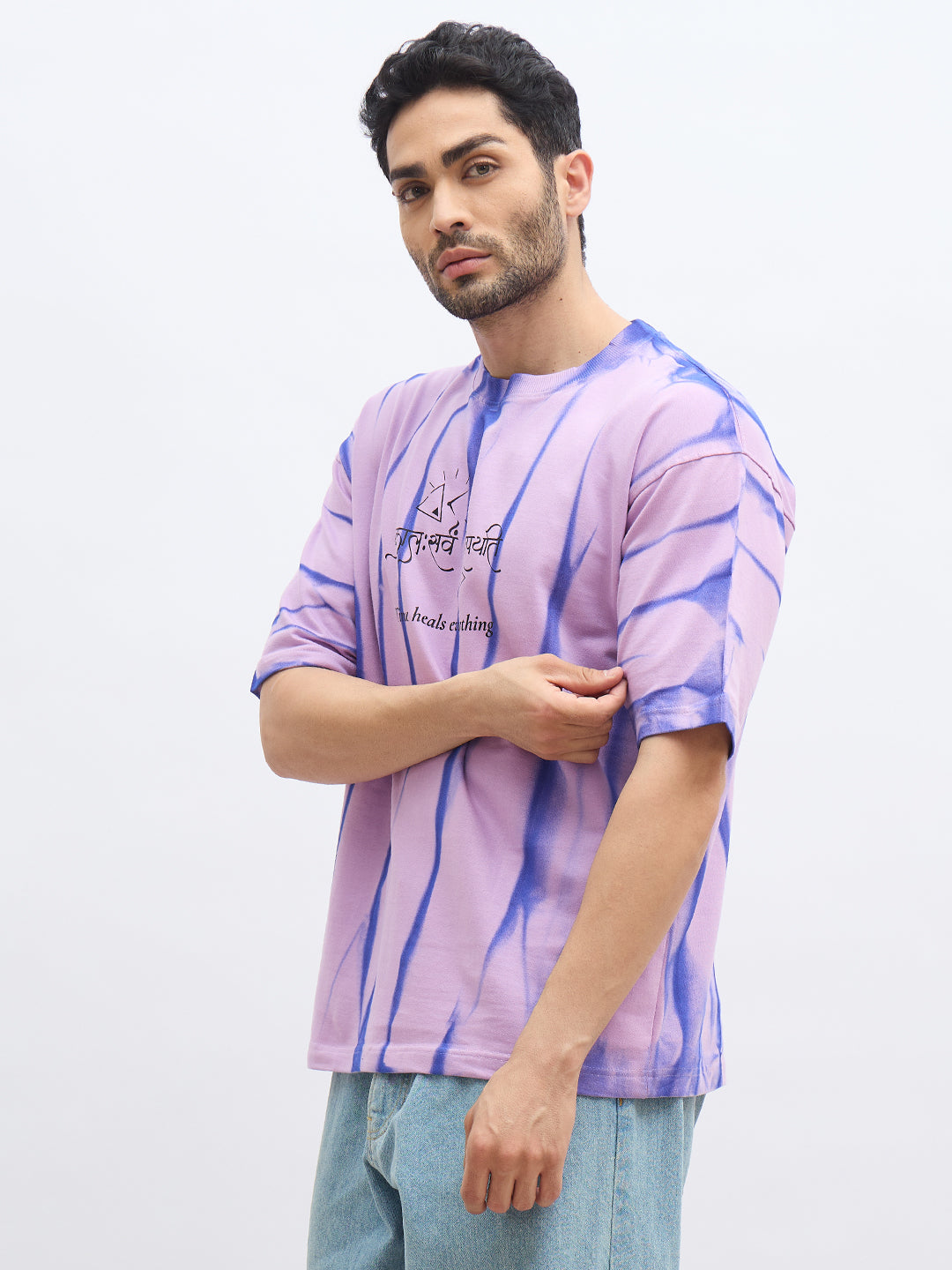 Lavender Spray Print T-Shirt – "कालः सर्वं विरोपयति" (Time Heals Everything)