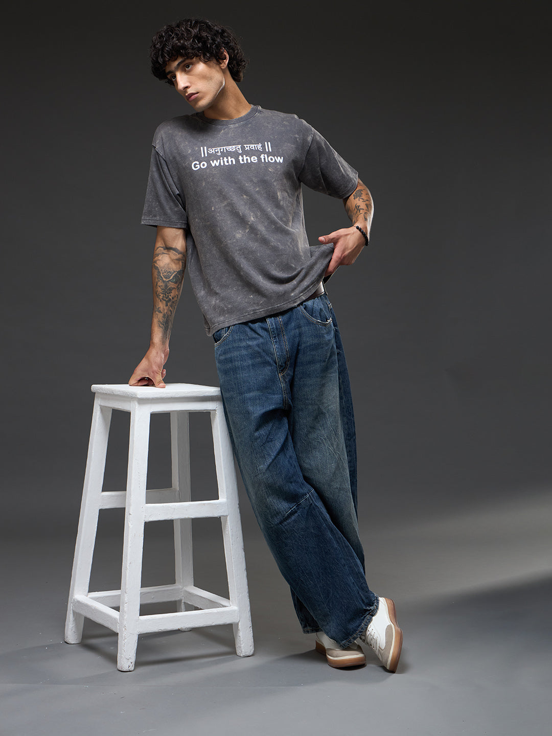 Rudrajap oversized grey burnout T-shirt with "Go With The Flow" slogan, relaxed fit and casual style.