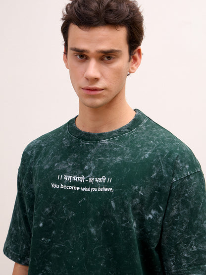 Moss Green Acid Wash Oversized T-Shirt - "।। यत् भावो – तत् भवति ।।"  Sanskrit quotes - Rudrajap