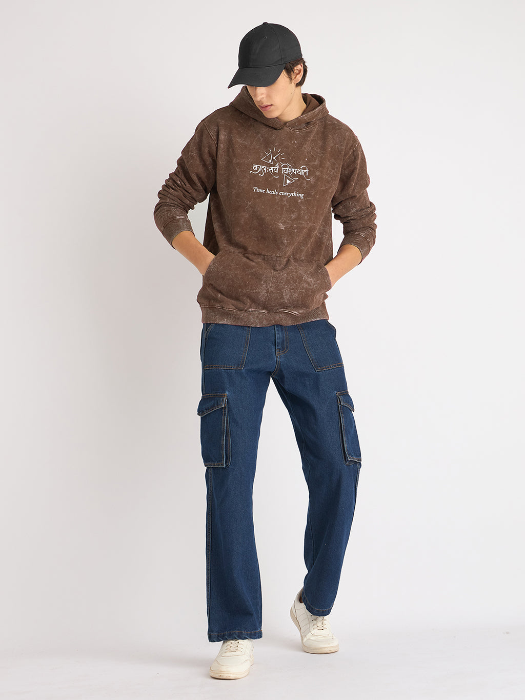 The Healer’s Harmony – Brown Hoodie & Brick Red T-Shirt Combo (कालः सर्वं विरोपयति | ईश्वरः अस्ति मम शक्तिः) - Rudrajap