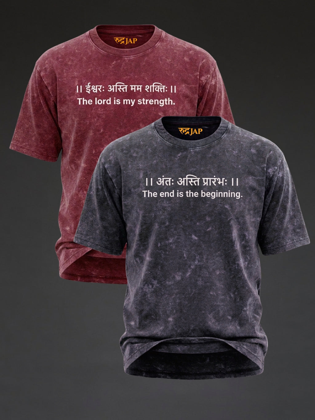 Rudrajap Divine Strength Duo oversized T-shirts in brick red and royal blue, burnout pack of 2, displayed flat with vibrant colors.