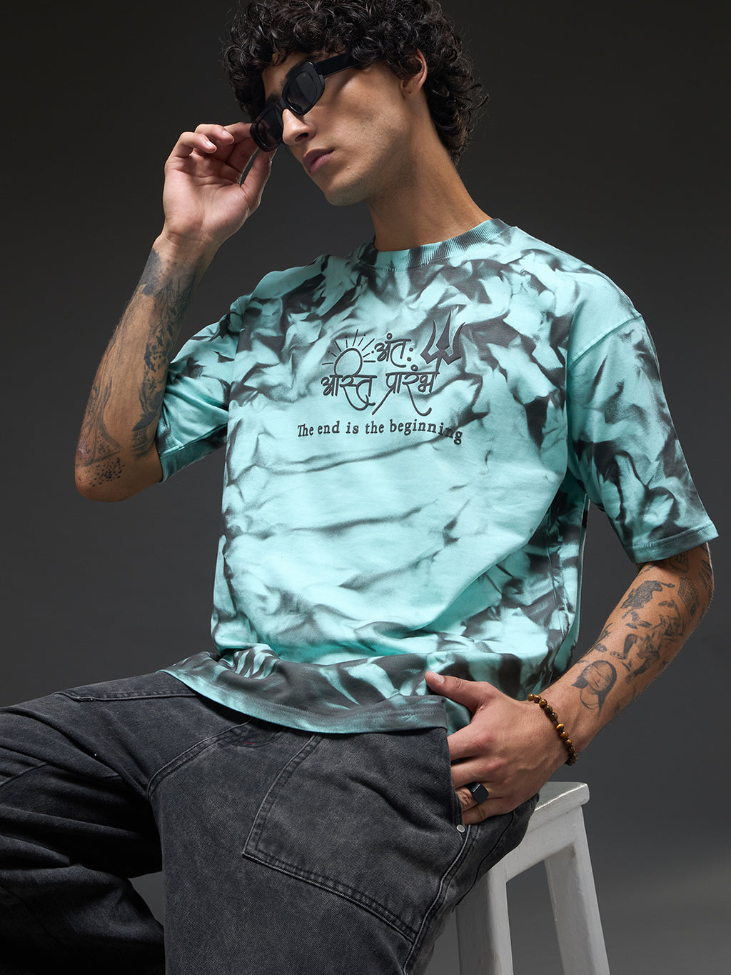 Mint green oversized tee with spray and puff print design by Rudrajap, featuring a relaxed fit and casual streetwear style.