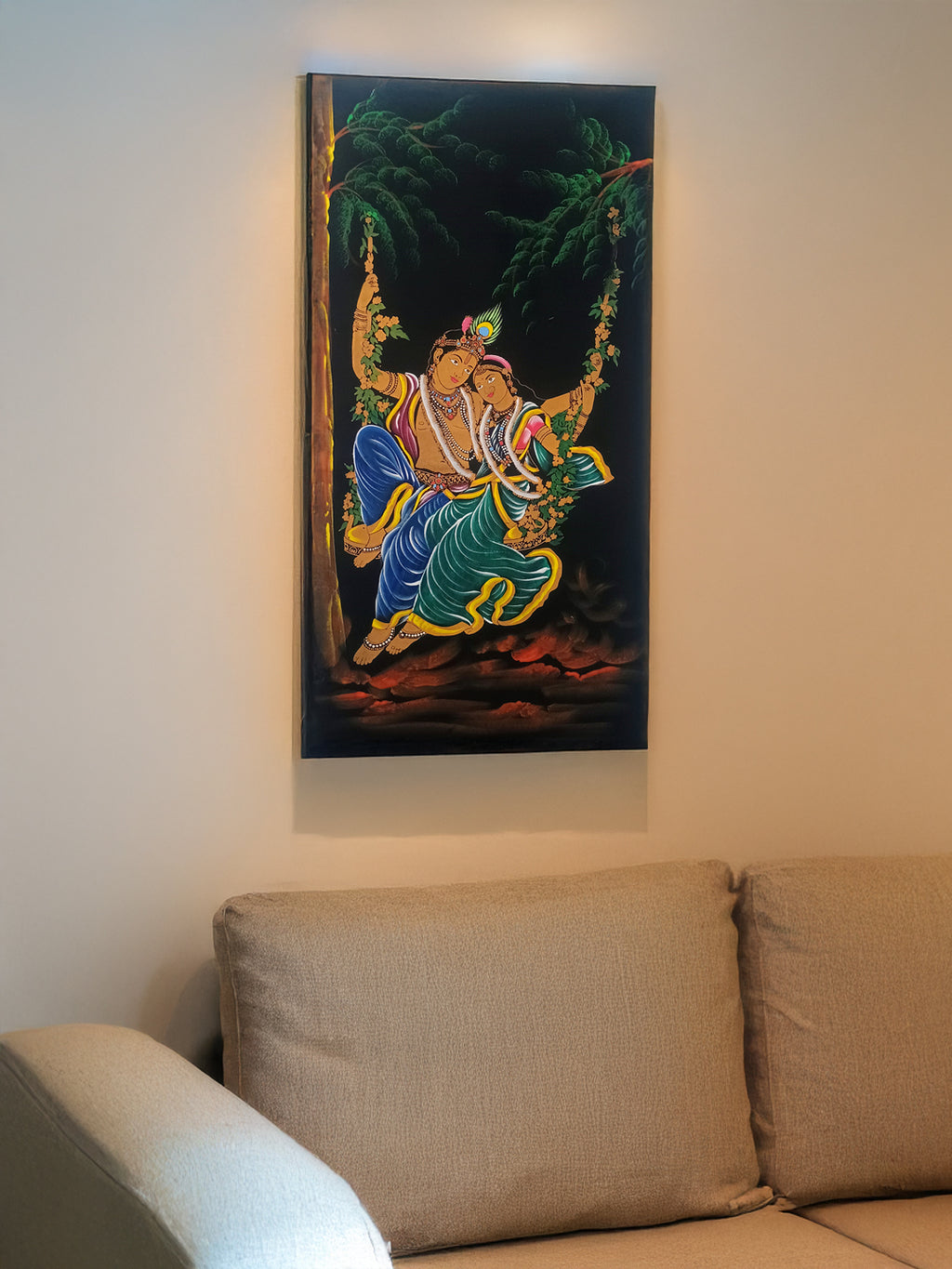 Hand-Painted Velvet Wall Art – Radha Krishna on Jhula (Without Frame) - Rudrajap